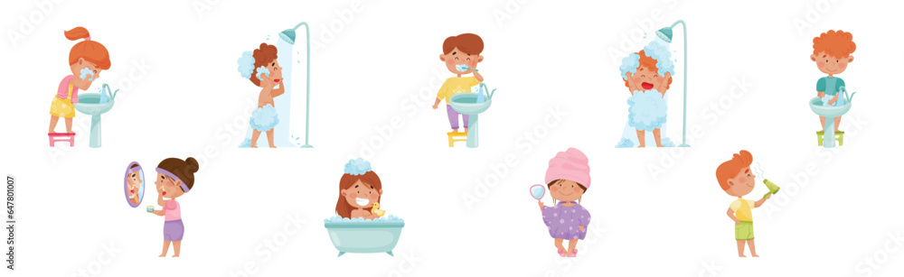 Kid Characters in the Bathroom Washing and Grooming Vector Set