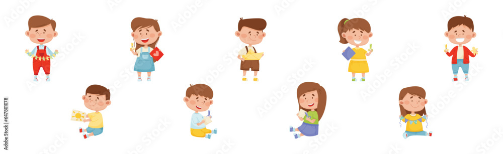 Happy Kid Characters Make Paper Applique Vector Set Happy Kid Characters Make Paper Applique Vector Set