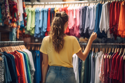 A young woman enjoying shopping on her day off, shopping at a casual T-shirt store, selecting clothing products that suit her lifestyle, shopping concept.