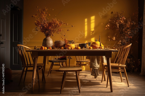 An interior dining room scene in autumn fall tones deep orange and amber golden colours