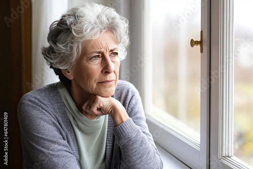 An elderly woman peering through a window, lost in thought created with Generative AI technology