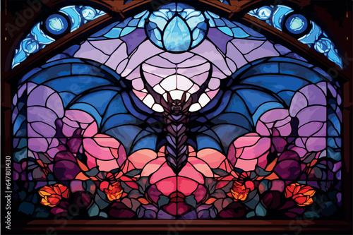 Stained glass halloween theme, vector illustration, very colorful and dark.