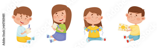 Happy Kid Characters Make Paper Applique Vector Set