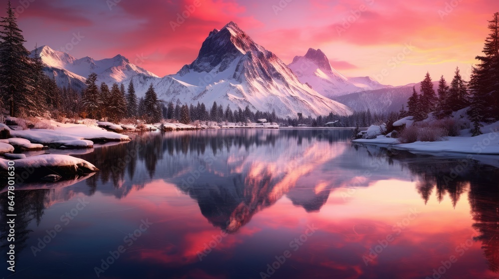 A breathtaking sunset over majestic snow-capped mountains. The sky is painted in vibrant hues of pink and orange, casting a golden glow. A crystal-clear lake reflects the tranquil beauty of the seren