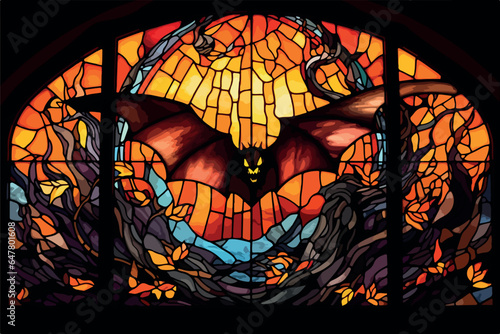 Stained glass halloween theme, vector illustration, very colorful and dark.