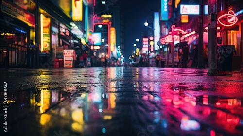 Vibrant city street at night with colorful neon signs reflecting on wet pavement. Energetic and bustling urban ambiance, capturing the vibrant atmosphere of the cityscape at night. photo