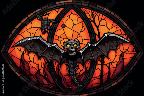 Stained glass halloween theme, vector illustration, very colorful and dark.