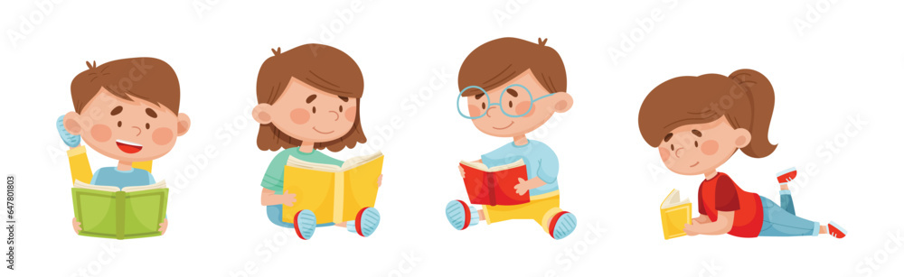 Children Characters Reading Book as Literature Fans Vector Set Children Characters Reading Book as Literature Fans Vector Set