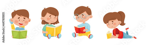 Children Characters Reading Book as Literature Fans Vector Set