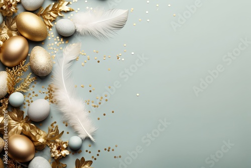 Happy Easter concept with golden easter eggs, feathers and spring flowers. Easter background with copy space. Flat lay, Generative AI 