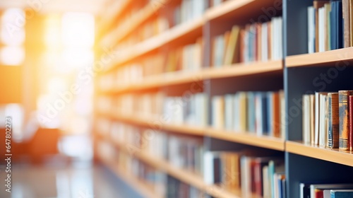 Abstract blurred public library interior space. blurry room with bookshelves by defocused effect. use for background or backdrop in business or education concepts 