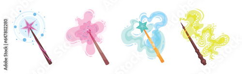Magic Wands with Fairy Dust and Glow Swirling Around Vector Set
