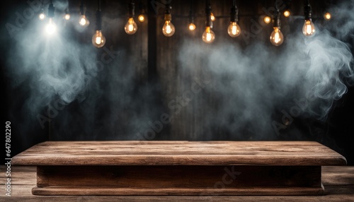Empty Blank Old Dark Brown Wooden Table Podium Stand Platform White Smoke Smog Fume Dim Lamps Glow Grudge Wall Background Eerie Rustic Backdrop Halloween Creepy Banner Mockup Product Display Showcase 