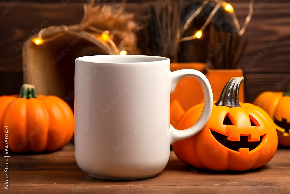 Coffee mug mockup with Halloween decorations, Halloween White Mug Mockup