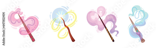 Magic Wands with Fairy Dust and Glow Swirling Around Vector Set