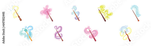 Magic Wands with Fairy Dust and Glow Swirling Around Vector Set