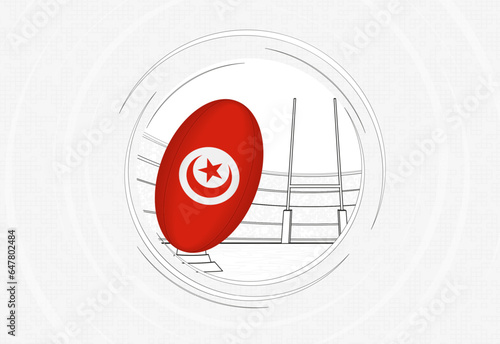 Tunisia flag on rugby ball, lined circle rugby icon with ball in a crowded stadium.