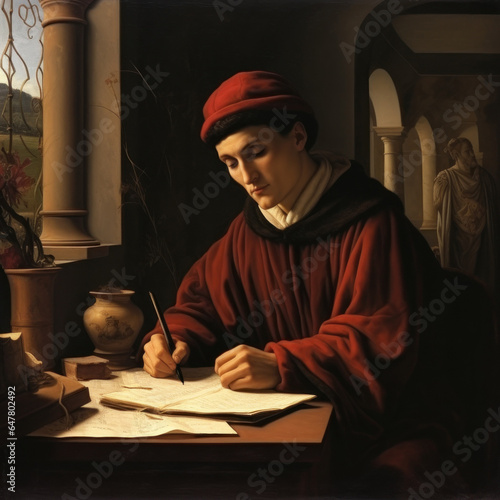 young Gregorian man writing in books in the library with good lighting in high definition and sharpness