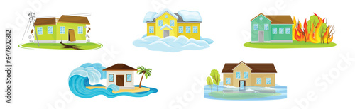 Natural Disaster and Extreme Weather Condition with Building Undergoing Catastrophe Vector Set