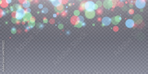 Multi-colored light bokeh. Christmas glowing bokeh and glitter overlay texture for your design on a transparent background. Particles abstract vector background.