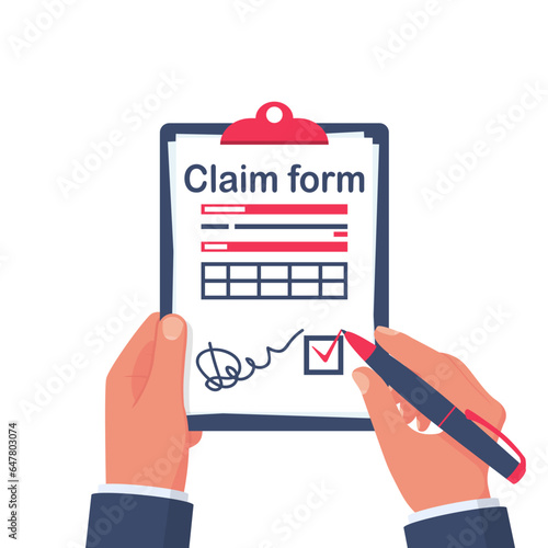 Claim form in hand man. Document signature. Insurance claim form with a check mark and a signature. Vector illustration flat design. Isolated on white background. Clipboard with sheets.