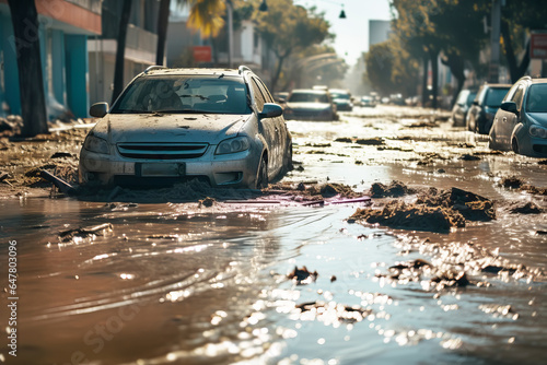 Flooded cars on on city street. Dirt and destruction after natural flood disaster