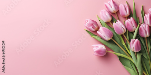 Beautiful spring tulip flowers on a pink background seen from above, vibrant and colorful blossoms in nature's display © AlexTroi