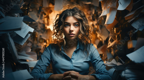 A young woman appears overwhelmed by towering piles of chaotic paperwork, symbolizing stress and disorganization in a work environment