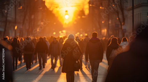 crowd of people walking on the street at sunset