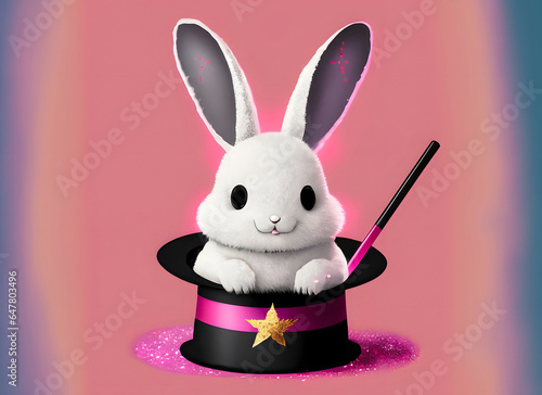 A cute white bunny in a top hat, magic show background, illustration, photo