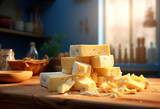 Various types of cheese on rustic wooden table. Created with Generative AI