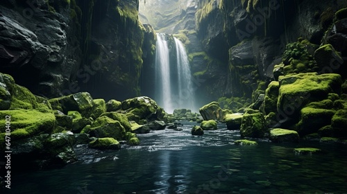 a waterfall plunging into a mountain pool surrounded by mossy rocks. 