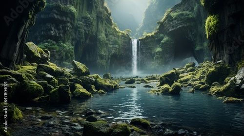 a waterfall plunging into a mountain pool surrounded by mossy rocks. 