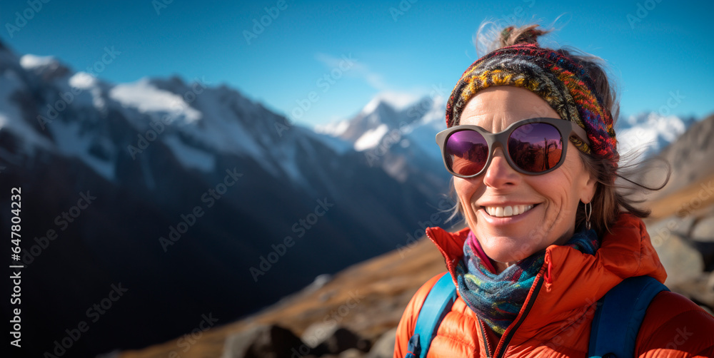 Portrait mature woman hiker with sunglasses