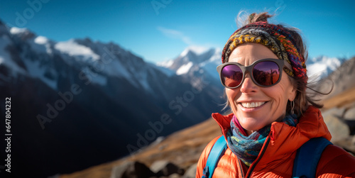 Portrait mature woman hiker with sunglasses