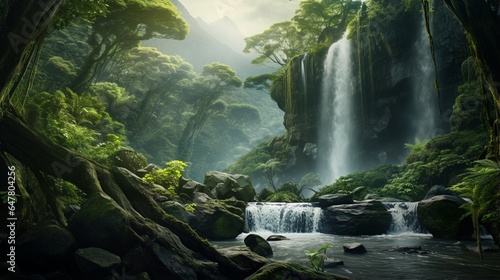 an image of a cascading waterfall amidst a lush mountain forest. 