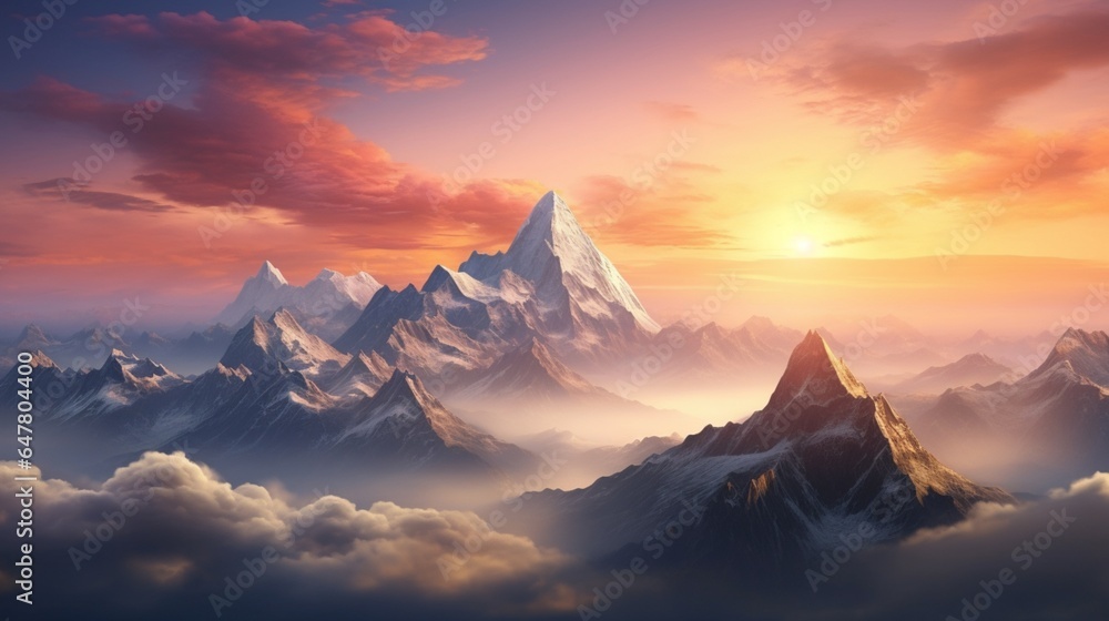 Frame a mountain landscape during a vibrant sunrise, with the first light kissing the peaks. 