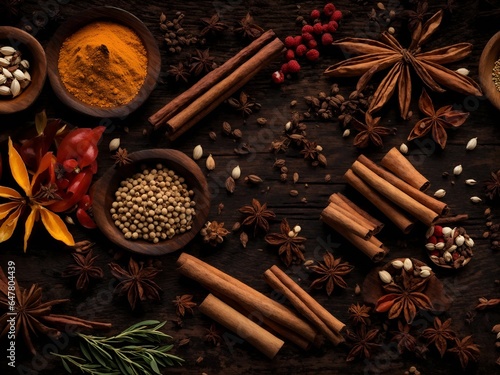 A detailed, intricate pattern of spices on a dark, aged wooden board, illuminated by a single light source.