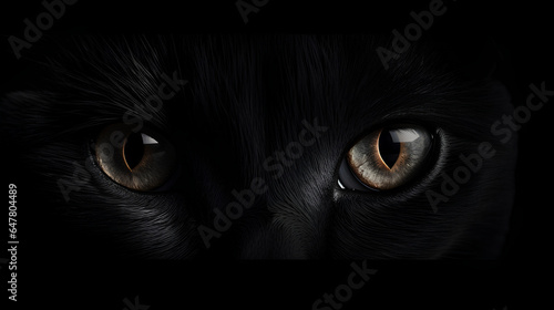 Close-up of black cat's eyes. Background of large cat eyes with a fixed and penetrating gaze.