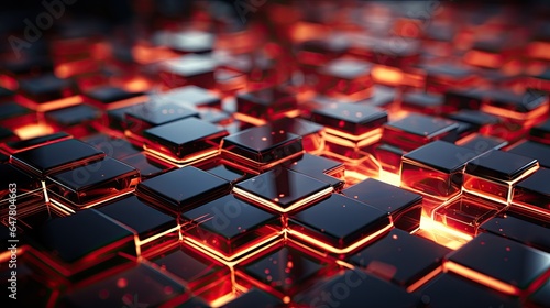 Hexagonal tech components glow in a modern abstract design, horizontal dark theme