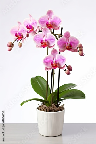 Pink orchid in a white flowerpot  Generative AI