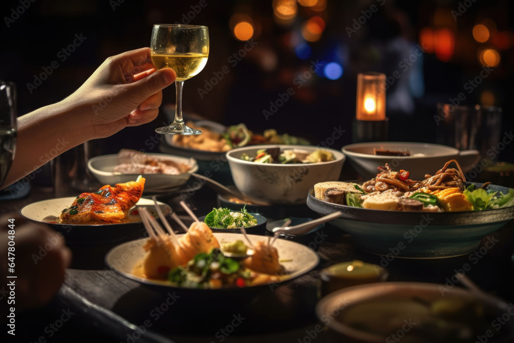 Dinner at the restaurant. Table with meals in a restaurant. Generative AI Dinner at the restaurant. Table with meals in a restaurant. Generative AI