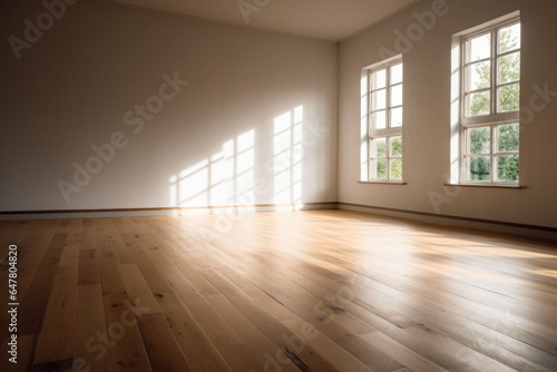 Living room with sunlight shine through a sliding door, wooden floor, white wall. Generative AI