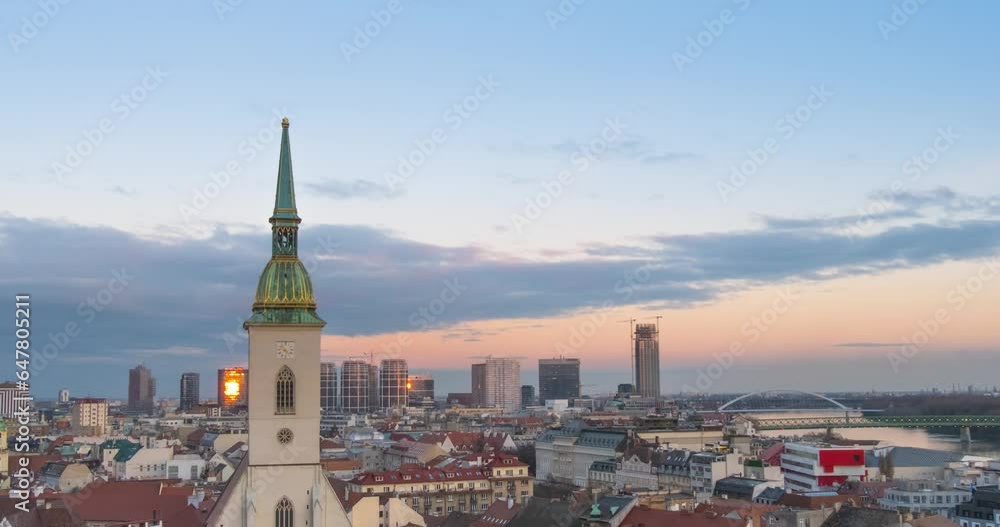 Time lapse of Bratislava city from above. Sunset over downtown and Dom sv Martina Time lapse of Bratislava city from above. Sunset over downtown and Dom sv Martina