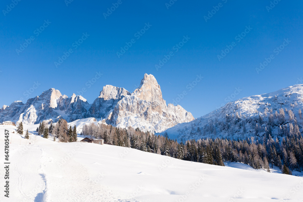 Snowy alpine landscape. Italian alps winter panorama