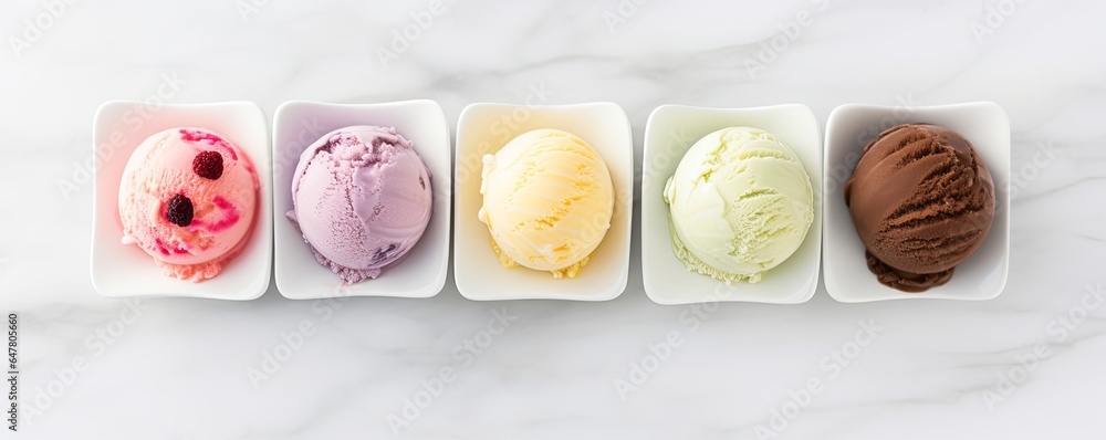 © Richa - Set of various ice cream scoops on white marble background, top view, Generative AI