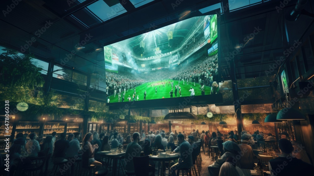 Sports fans watch a sporting event in a bar on a big screen. The