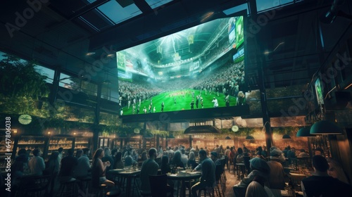 Sports fans watch a sporting event in a bar on a big screen. The exciting moment of the match is shown, the fans expressively root for their favorite team. © Татьяна Креминская