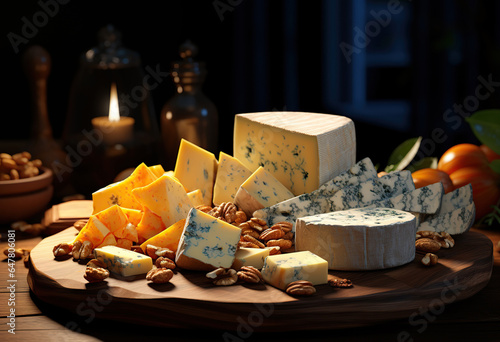 Various types of cheese on rustic wooden table. Created with Generative AI