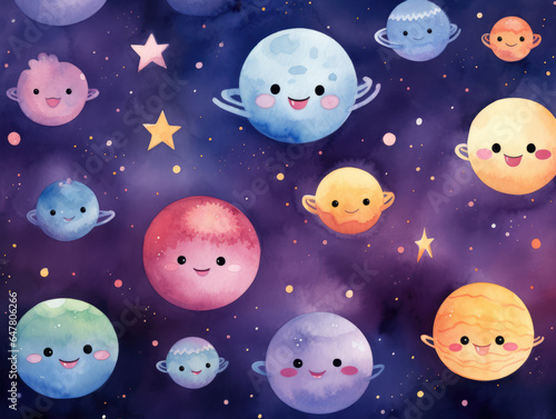 Ai Generated Art Colorful Cute Watercolor Fantasy Planets and Stars on a dark blue and purple background. Pastel colors and cute design